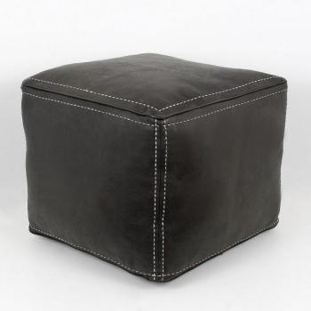 Pouf carré noir en cuir surpiqué, pouf haute quali