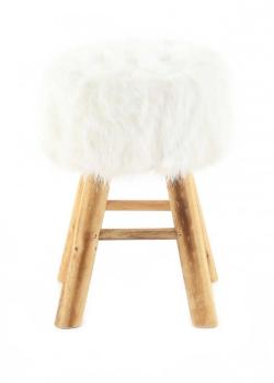 Pouf rond fourrure synthétique blanche et pin Lasc