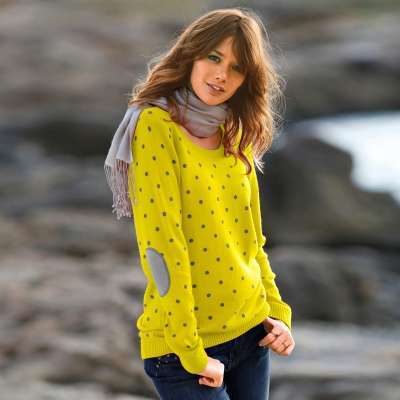 Pull col rond imprimé pois toucher cachemire