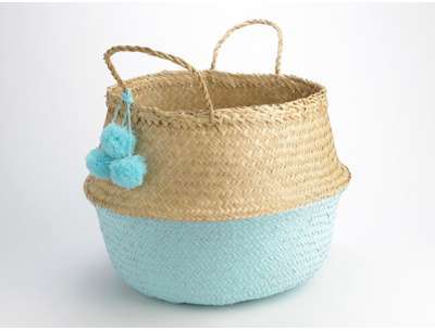 Panier boule thailandais bicolore en osier et pomp