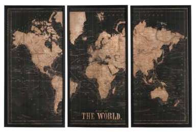 Triptyque mappemonde en bois noir et marron Triptyque mappemonde en bois