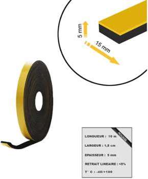 Mousse noire adhésive caoutchouc epdm 15x5mm longueur Mousse noire adhésive caoutchouc