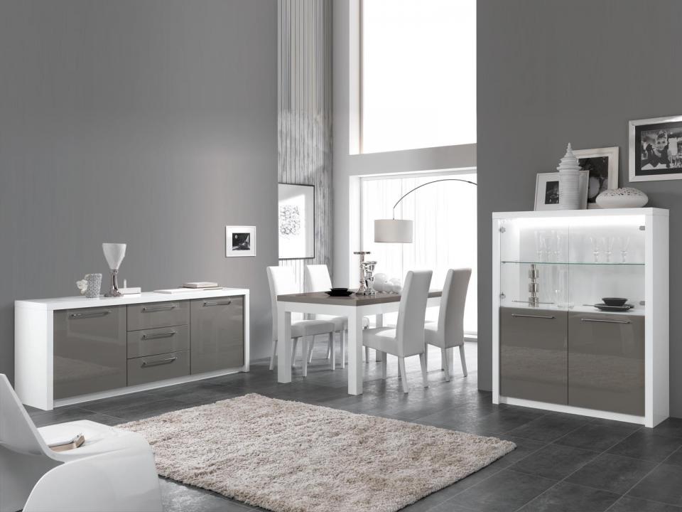 Salle à manger complète FABRIZIO blanc laque/gris