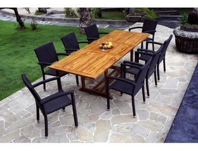 Salon de jardin résine tressée et teck huilé 8 pla