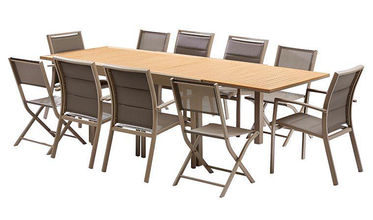 ENSEMBLE DE JARDIN TAUPE ET BOIS POLYWOOD 10 PLACE