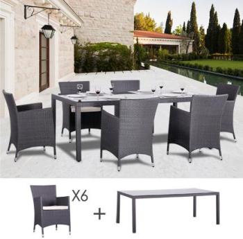 Table et fauteuils de jardin en résine tressée 6 p