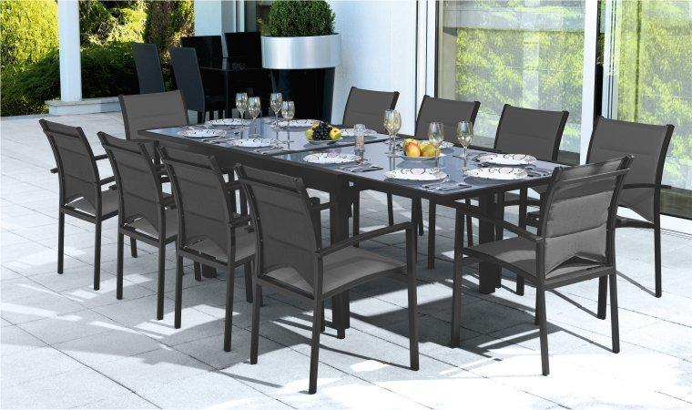 TABLE AVEC RALLONGE ET 10 FAUTEUILS GRIS ANTHRACIT