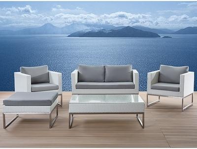 Salon de jardin - acier inox et rotin blanc - coussins Salon de jardin - acier inox