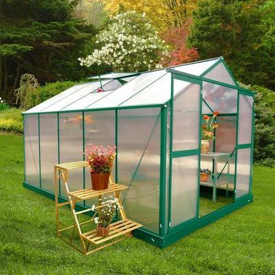 Serre de jardin 8,9m² en alu laqué vert et polycar