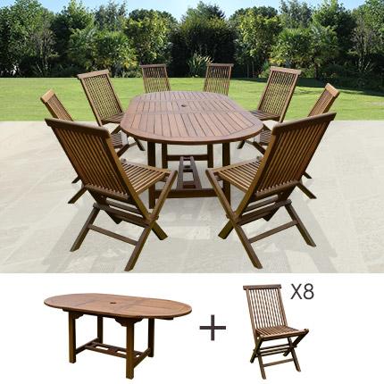 Table de jardin 160/210x100x75cm + lot de 8 chaise