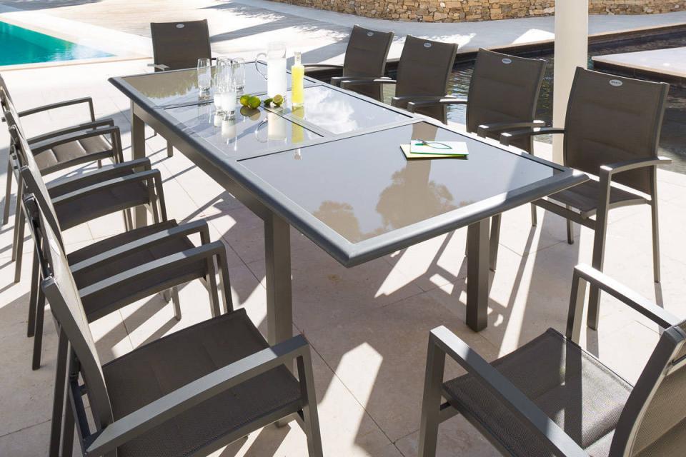 Table extensible Azua verre taupe mastic Jardin