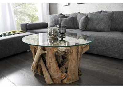 Table basse ronde en bois flotté et verre coloris