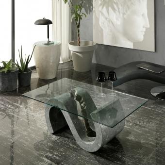 Table basse de salon en pierre fossile et verre Jo