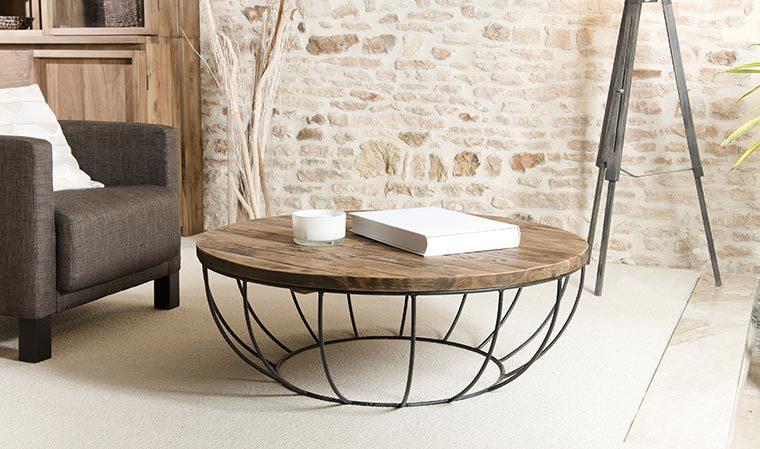 TABLE BASSE RONDE EN TECK RECYCLÉ ET MÉTAL - Colle