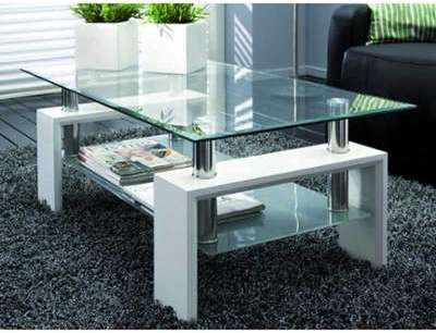 Table basse blanc laqué, plateau en verre, structu
