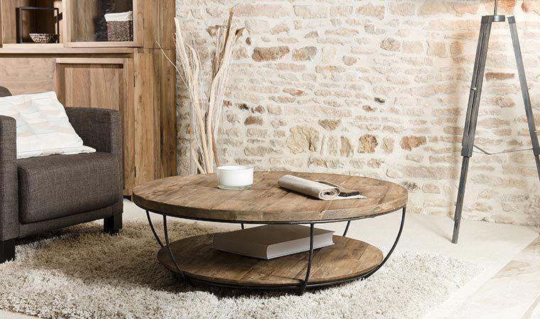 TABLE BASSE RONDE SOUS PLATEAU EN TECK ET MÉTAL -