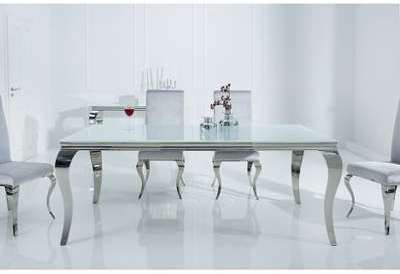 Table à manger baroque en acier inox/verre blanc A
