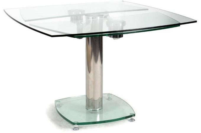 Table Carrée avec allonges plateau verre transpare