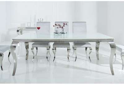 Table à manger baroque en acier inox verre blanc Armelle Table à manger baroque en