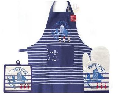 Set de gant, manique et tablier marinière Bretagn