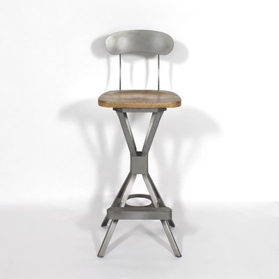 Tabouret de bar industriel métal gris et bois mass