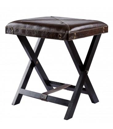 Tabouret en Similicuir Marron et Pieds en Bois Noi