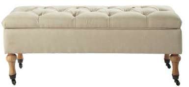 Banc capitonné à roulettes avec coffre en bois et