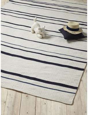 Tapis rayé tissé en laine ecru rayé bleu Tapis rayé tissé en laine