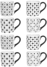 Tasses à café en grès 10cl motif graphique blanc /