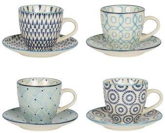 Tasse + soucoupe en grès motifs assortis blanc / b