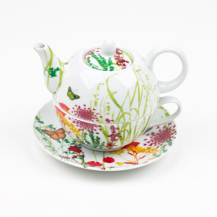 Théière solitaire en porcelaine motif floral/papil