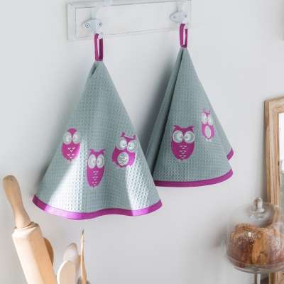 Essuie-mains rond brodé Chouetttes - lot de 2