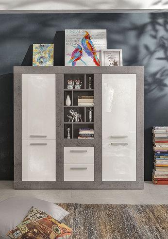 Buffet haut moderne blanc laqué et effet béton cir