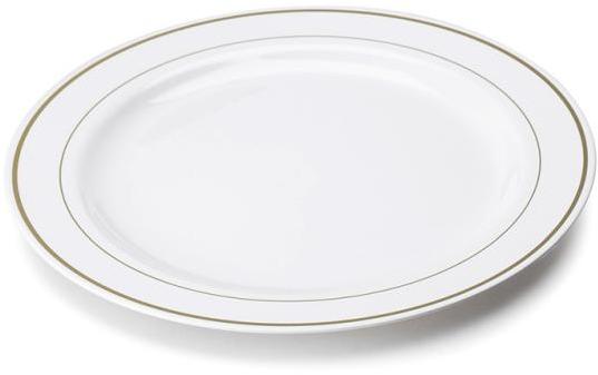 20 assiettes en plastique rigide blanc liseré or 1
