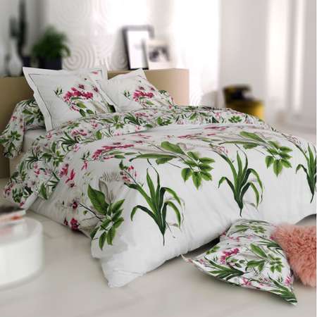 Tradilinge Taie de traversin Born/éo Percale Motifs Fleurs Fond Blanc 43x140